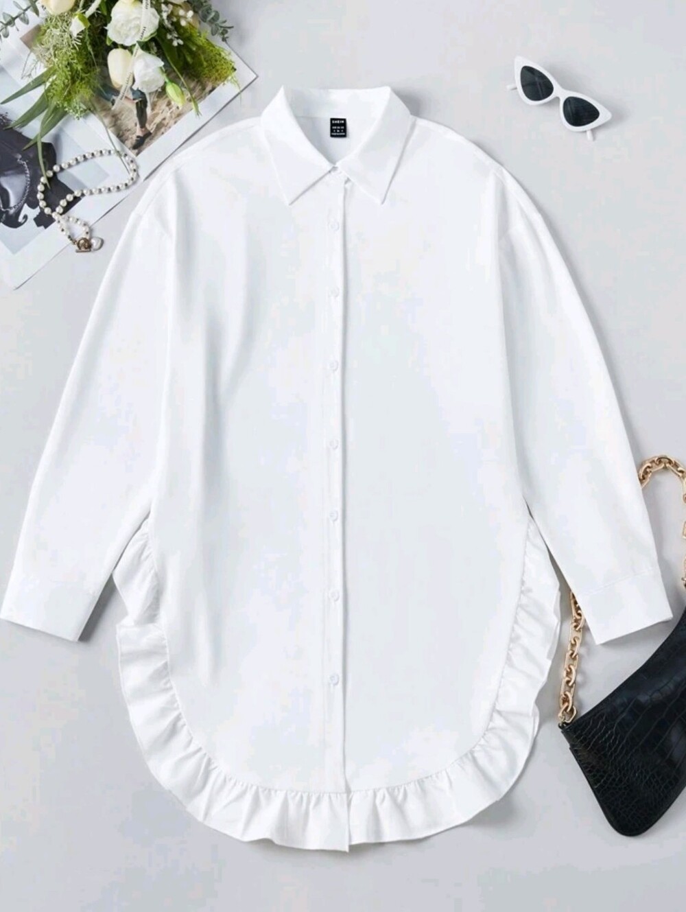 White Ruffle-Hem Button Down Shirt